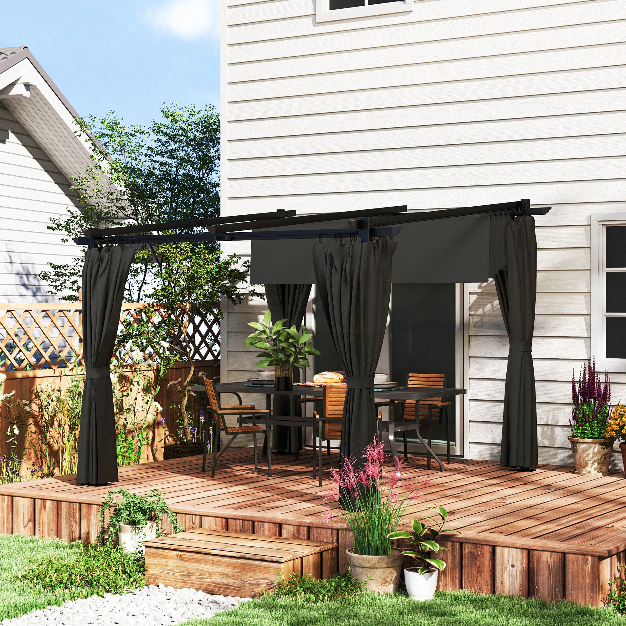 Outsunny 3 x 3 m Retractable Roof Pergola, with Curtains - Dark Grey 