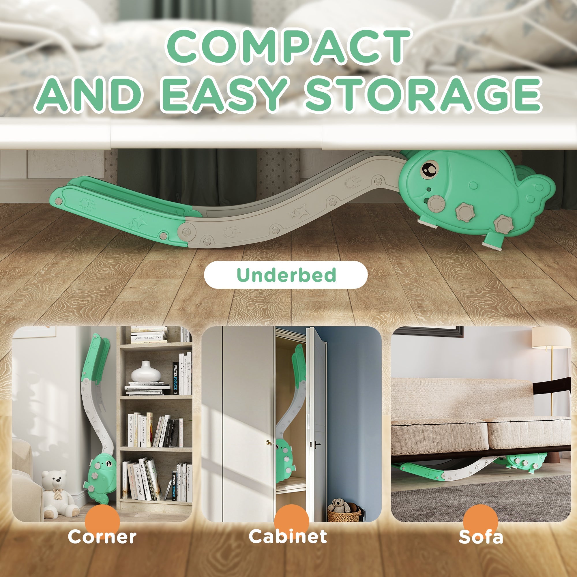 AIYAPLAY Kids Sofa Slide with 130cm Extended Length, HDPE Toddler Slide for Sofa, Bed, Stairs, Easy Assemble & Storage, Green 