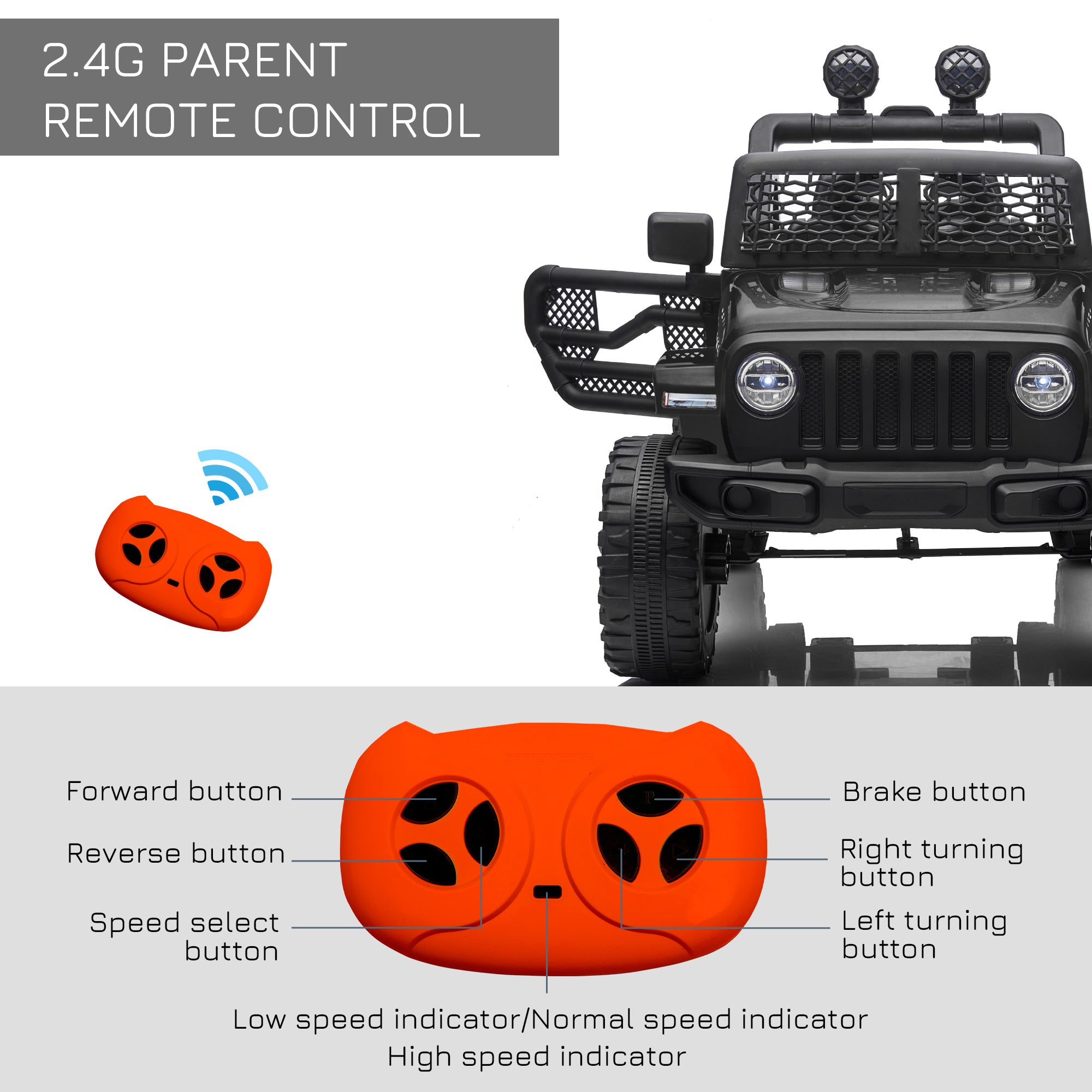 HOMCOM Kids Electric Ride On Car 12V Off Road Toy with Parental Remote Control 2 Motors Horn Lights Suspension Wheels for 3-6 Years Old Black 
