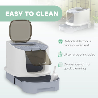 PawHut Cat Litter Box with Lid, Scoop, Deodorization Bags, Top Entry, Cat Toilet Easy Clean with Drawer Pan, Grey 