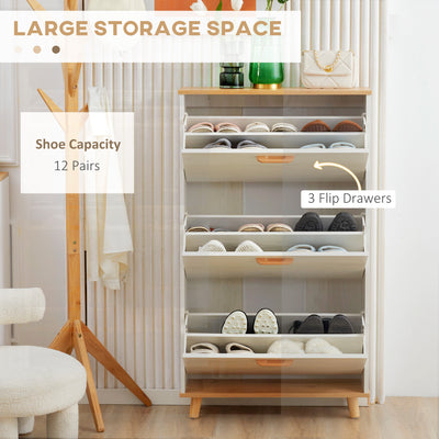HOMCOM Narrow Shoe Cabinet, Slim Shoe Storage Cabinet with 3 Flip Drawers and Adjustable Shelves, 12 Pair of Shoes Organizer for Hallway, Entryway, Cream White 