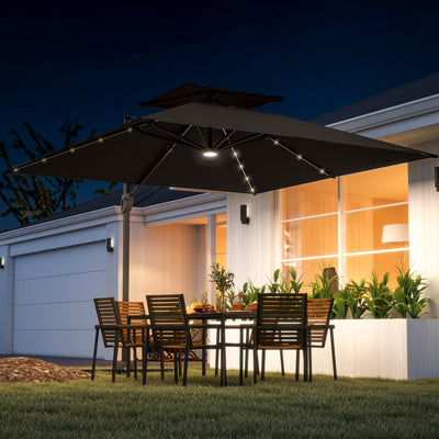 Outsunny 3.5x3 m Garden Cantilever Parasol with Solar LED Lights and Centre Light, Aluminium Large Square Patio Umbrella, UPF50+ Hanging Sun Shade with Cross Base, Crank Handle and Tilt, Grey 