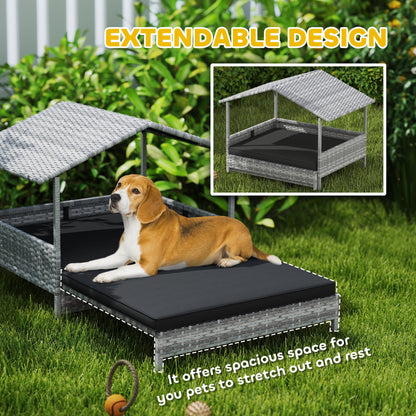 PawHut Extendable Elevated Dog Bed, Rattan Dog House, with Water-Resistant Roof, Removable Cushion, Charcoal Grey 