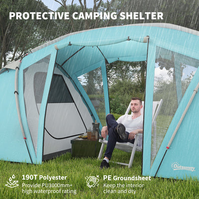 Outsunny 4-6 Man Family Camping Tent w/ 2 Bedrooms and a Living Room, Waterproof Tunnel Tent w/ Sewn In Groundsheet, Doors, Windows, Carry Bag, Blue 