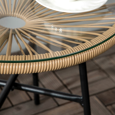 Outsunny Rattan Side Table, Round Outdoor Coffee Table, with Round PE Rattan and Tempered Glass Table Top for Patio, Garden, Balcony, Beige 