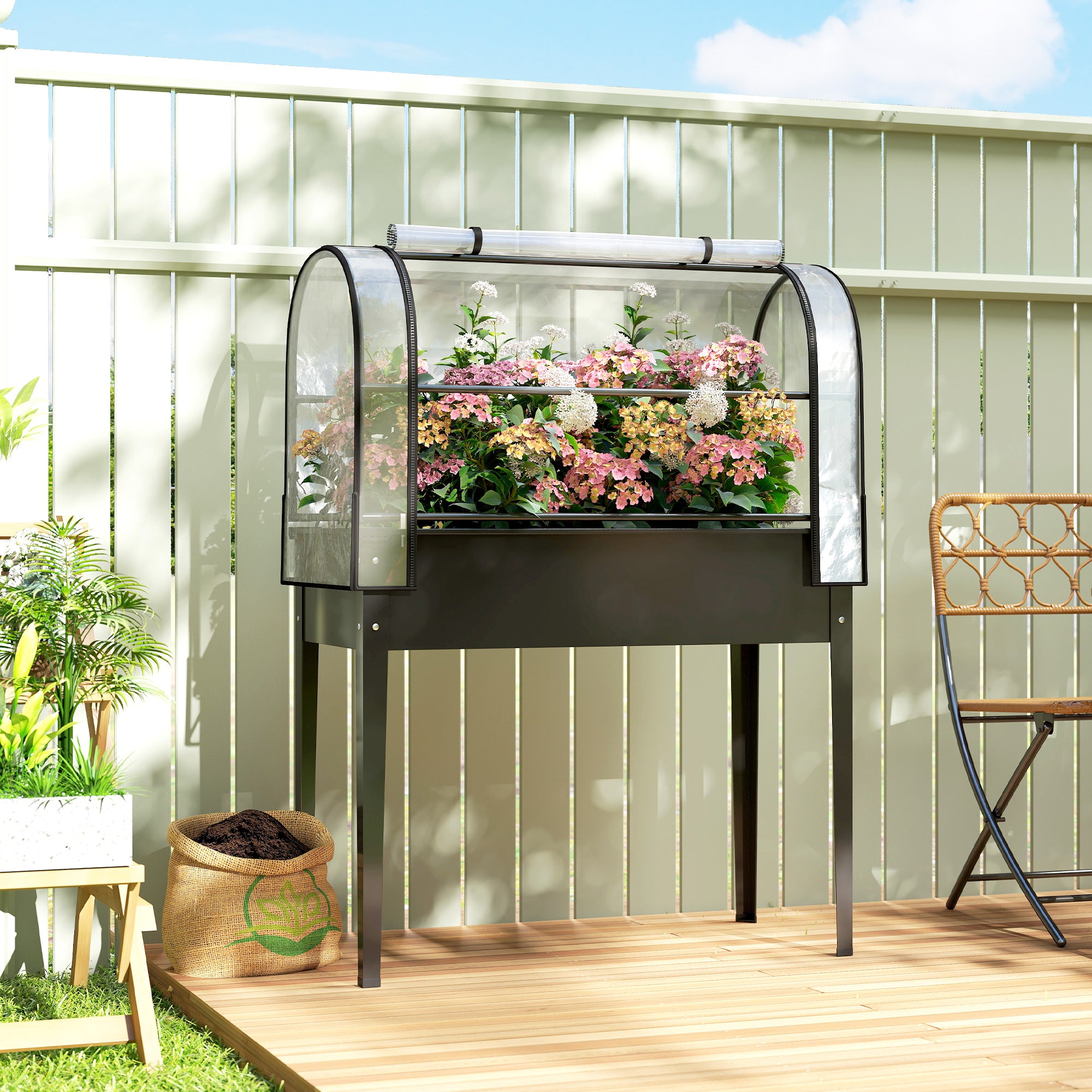 Outsunny Raised Planter with Flip-Up Greenhouse Cover, Metal Raised Garden Bed on Legs with Drainage Hole, Black 