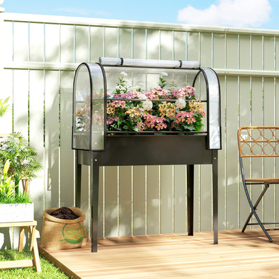 Outsunny Raised Planter with Flip-Up Greenhouse Cover, Metal Raised Garden Bed on Legs with Drainage Hole, Black 