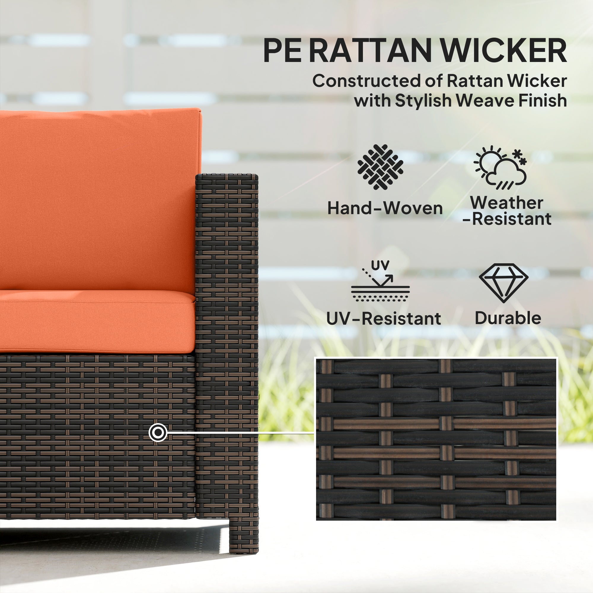 Outsunny 3 Seater Rattan Sofa All-Weather Wicker Weave Metal Frame Chair with Fire Resistant Cushio-Orange 