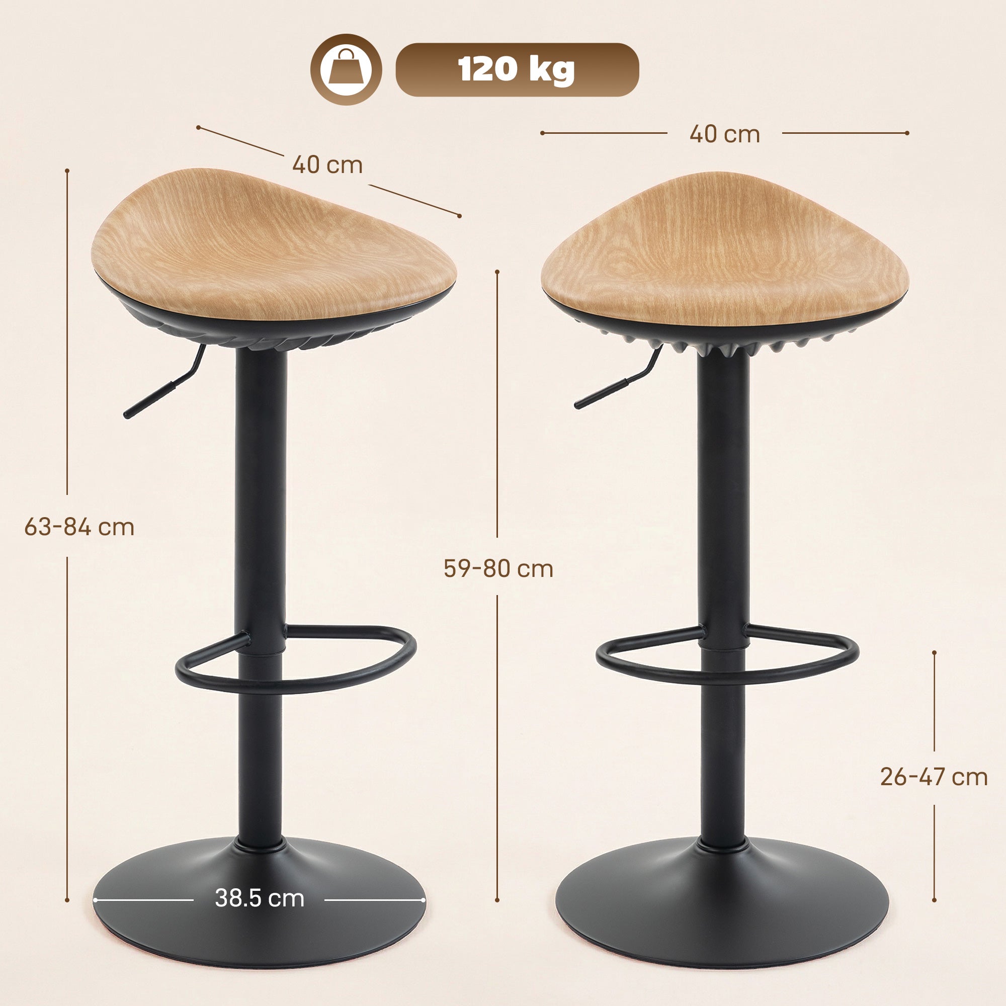 HOMCOM Set of 2 Barstools PU Leather Kitchen Stools with Saddle Seat Height Adjustable Swivel Kitchen Chairs with Footrest Oak 