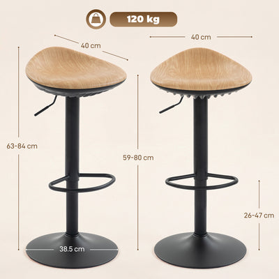 HOMCOM Set of 2 Barstools PU Leather Kitchen Stools with Saddle Seat Height Adjustable Swivel Kitchen Chairs with Footrest Oak 