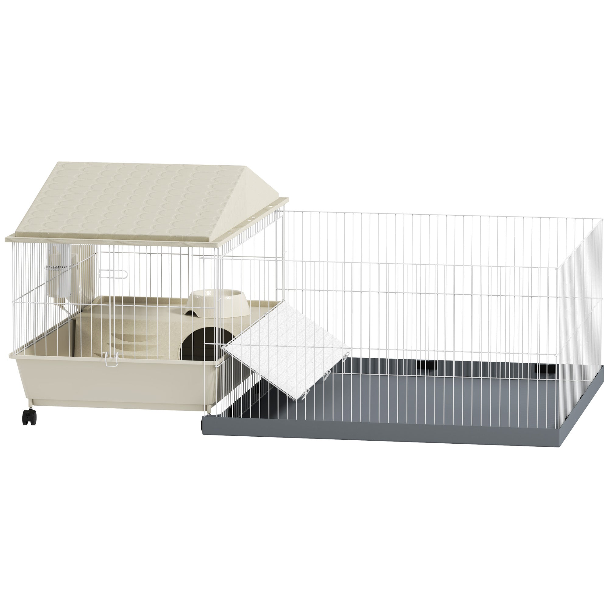 PawHut Small Animal Cage with Removable Pet Playpen, Guinea Pig Cage with Waterproof Pad, Hay Feeder, 108 x 71 x 57cm, Beige 
