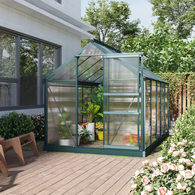 Outsunny 6 x 10ft Polycarbonate Greenhouse, Large Walk-In Green House with Slide Door and Window, Garden Plants Grow House with Aluminium Frame and Foundation, Dark Green 
