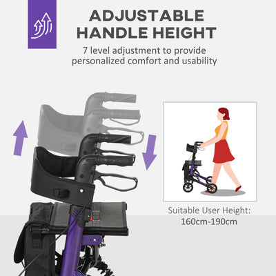 HOMCOM Folding Rollator Walker with Seat, Backrest, Lightweight Walking Frame with Storage Bag, Dual Brakes, Adjustable Handle Height, Suspension System, 4 Wheeled Walker for Seniors, Purple 
