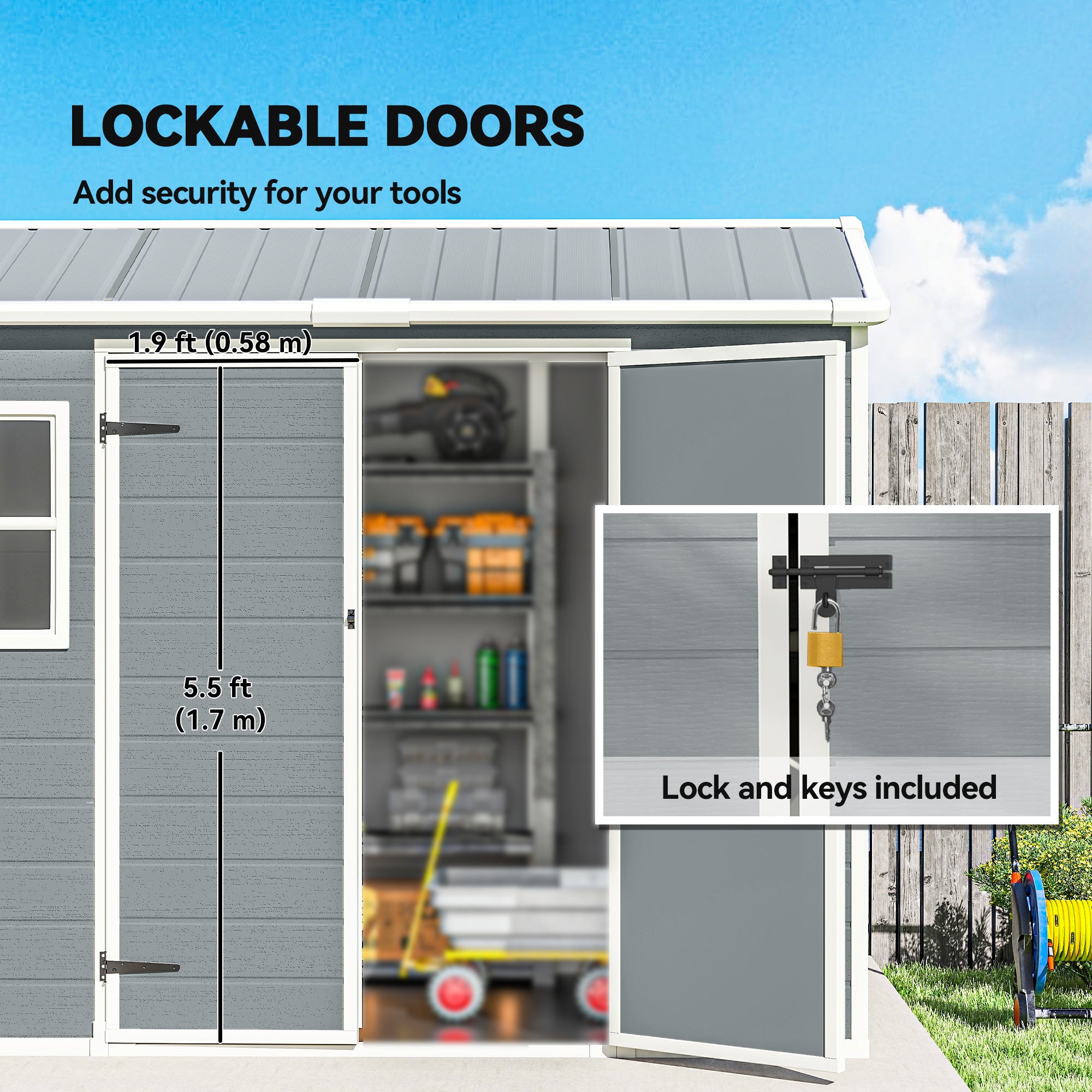 Outsunny 8 x 4 ft Resin Garden Shed, Wood-Effect Outdoor Storage Shed with Floor, Windows, Lockable Doors and Vents, Light Grey 
