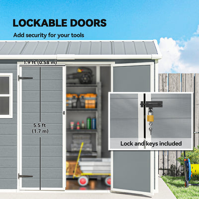 Outsunny 8 x 4 ft Resin Garden Shed, Wood-Effect Outdoor Storage Shed with Floor, Windows, Lockable Doors and Vents, Light Grey 