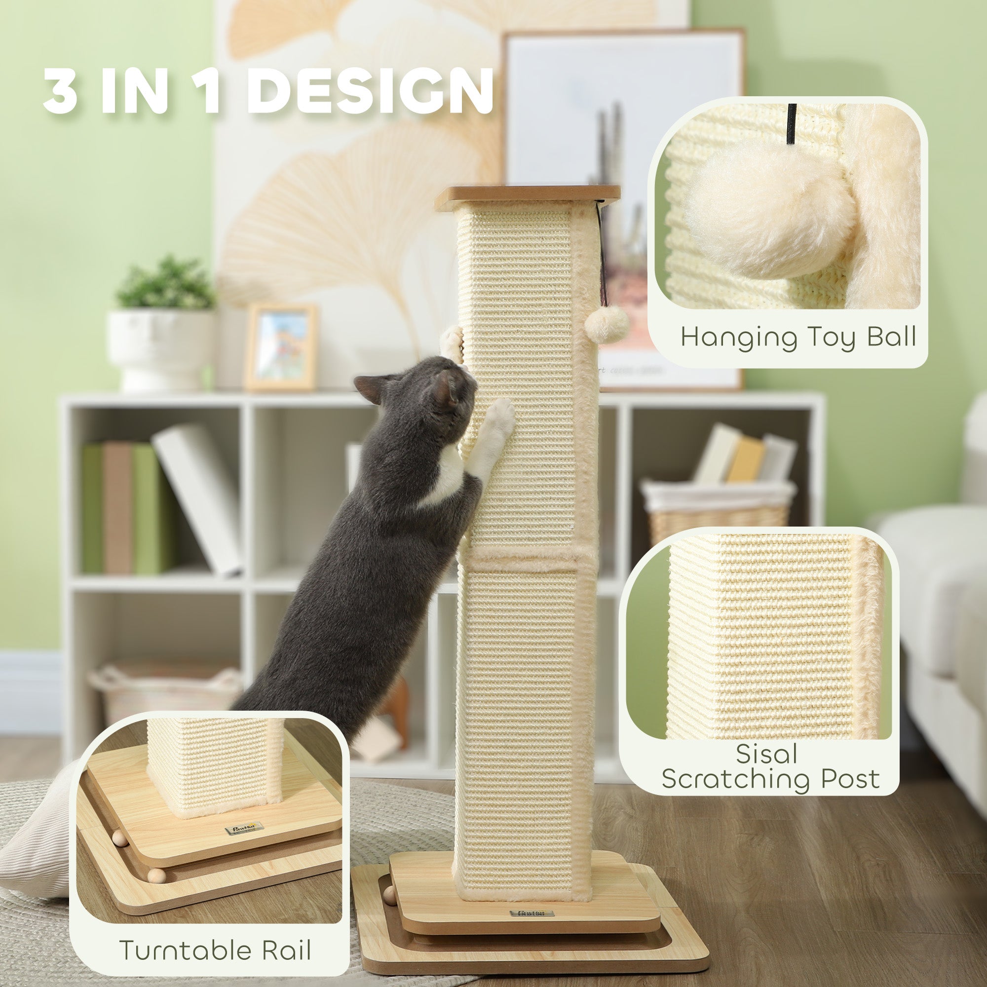 PawHut 3-in-1 Cat Scratching Post, 87cm Cat Scratcher w/ Track Ball Toy, Oak Tone 
