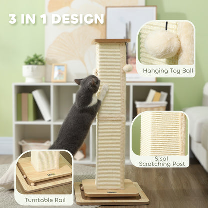 PawHut 3-in-1 Cat Scratching Post, 87cm Cat Scratcher w/ Track Ball Toy, Oak Tone 