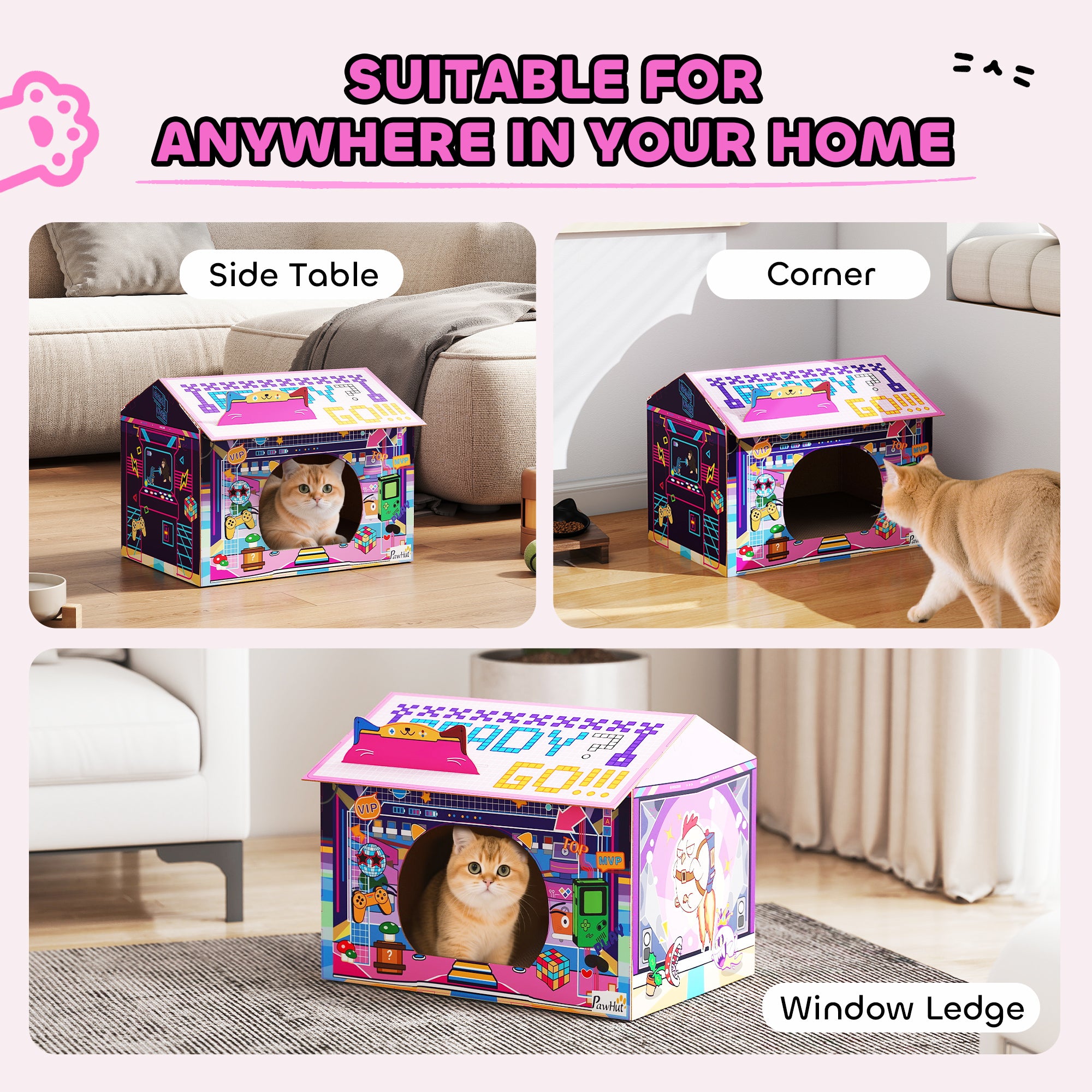 PawHut 2 in 1 Gaming Style Cardboard Cat House with Scratching Board & Catnip for Indoor Cats, Pink 