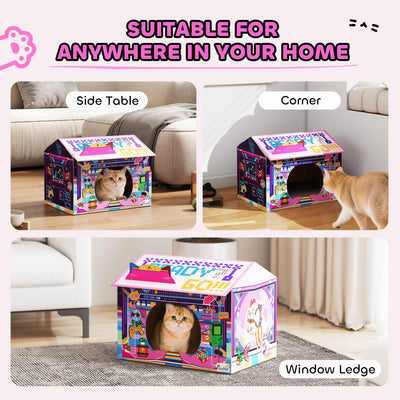 PawHut 2 in 1 Gaming Style Cardboard Cat House with Scratching Board & Catnip for Indoor Cats, Pink 