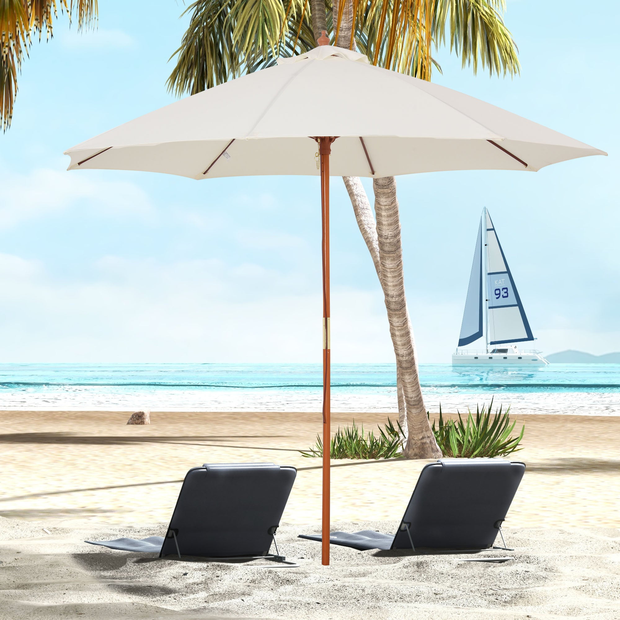 Outsunny 2.5m Garden Parasol Umbrella, Outdoor Market Table Umbrella with Wooden Pole & 8 Fibre Glass Ribs, Round Sun Shade Canopy, Off-White 