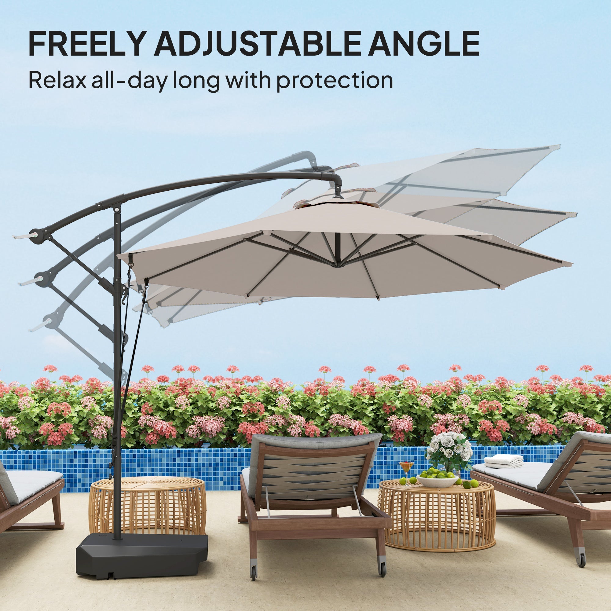 Outsunny 3(m) Garden Cantilever Parasol with Fillable Base, Wind Protection Strap, Cover, Round Banana Hanging Umbrella with Crank Handle and Tilt, Patio Umbrella for Outdoor Sun Shade, UPF50+, Cream 