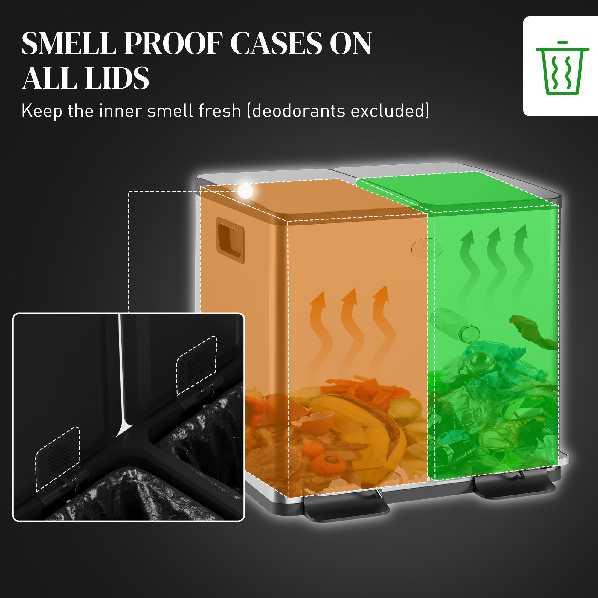 HOMCOM 30L Dual Compartment Stainless Steel Bin, with Deodoriser Holders - Silver Tone 