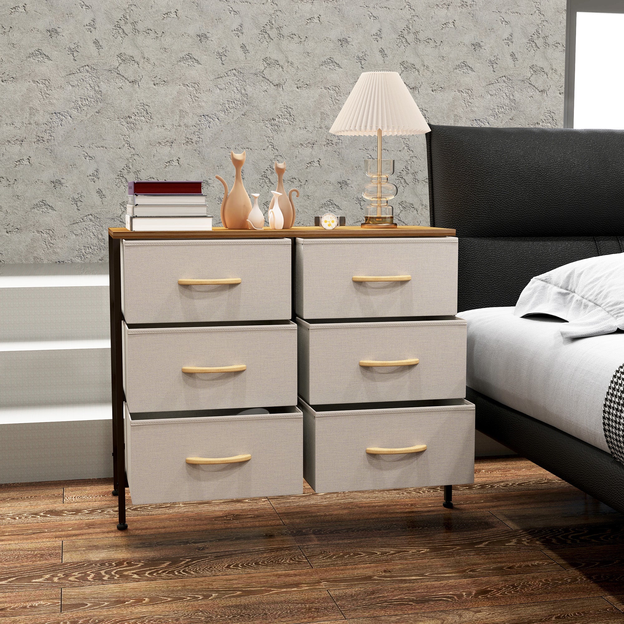 HOMCOM Fabric Chest of Drawers, Storage Drawers, Industrial Bedroom Dresser with 6 Fabric Drawers, Steel Frame and Wooden Top for Nursery, Living Room, Hallway, Cream White 