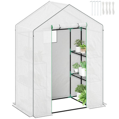 Outsunny 143 x 74cm Walk-In Greenhouse, with Shelves - White 