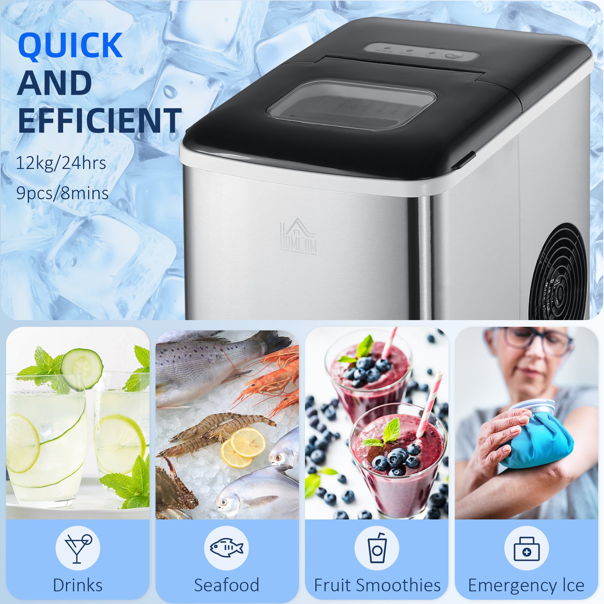 HOMCOM Ice Maker Machine, Counter Top Ice Cube Maker for Home, 9 Ice Cubes per 8 Minutes, 1.8L with Self Cleaning Function, Scoop and Basket Stainless Steel No Plumbing Required Black 