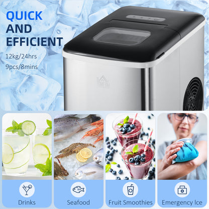 HOMCOM Ice Maker Machine, Counter Top Ice Cube Maker for Home, 9 Ice Cubes per 8 Minutes, 1.8L with Self Cleaning Function, Scoop and Basket Stainless Steel No Plumbing Required Black 