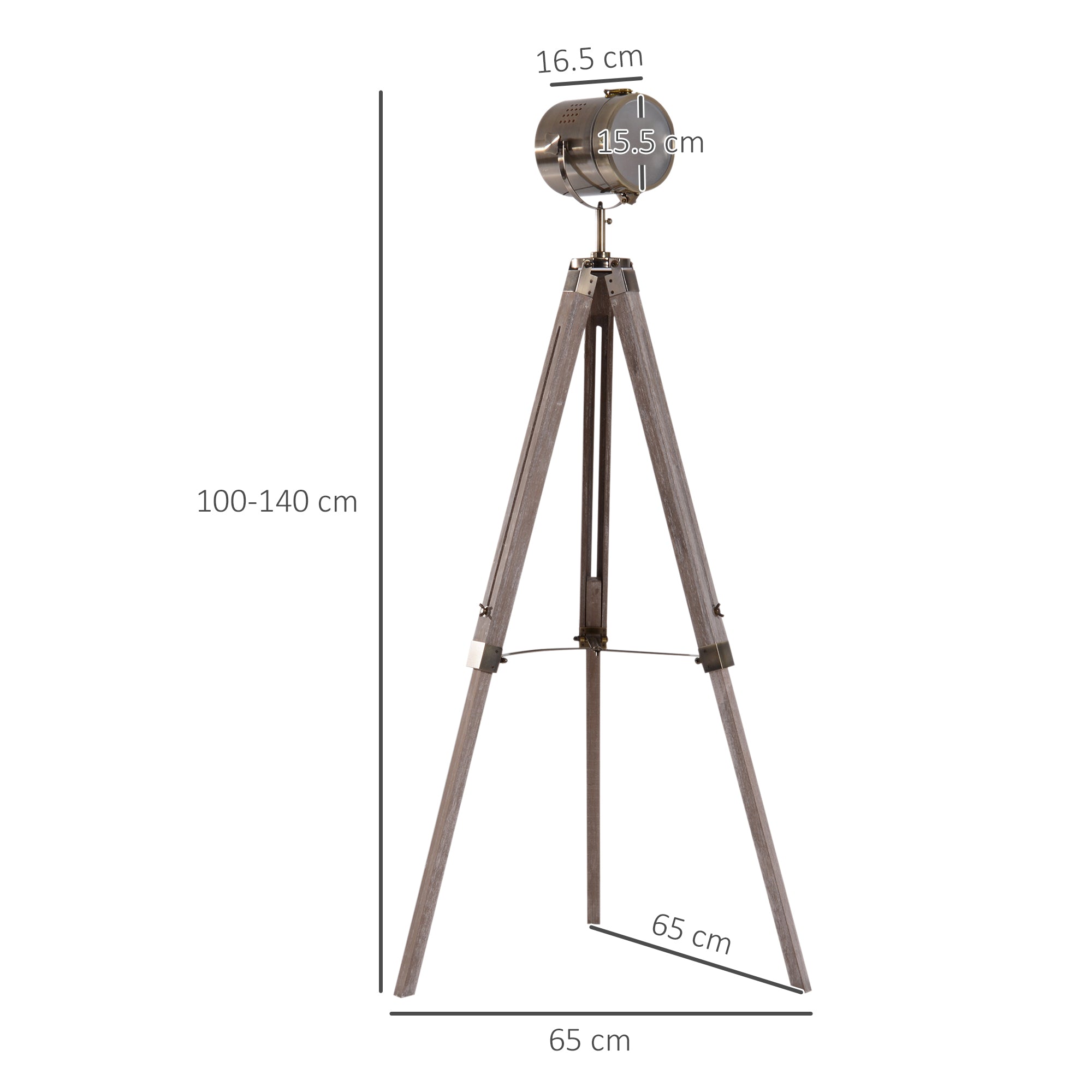 HOMCOM Industrial Tripod Floor Lamp, Nautical Searchlight with Adjustable Height, Wood Legs, E14 Lamp Base for Living Room, Bedroom, Grey and Bronze 