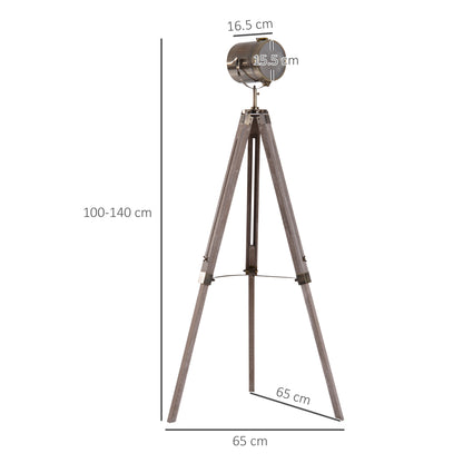 HOMCOM Industrial Tripod Floor Lamp, Nautical Searchlight with Adjustable Height, Wood Legs, E14 Lamp Base for Living Room, Bedroom, Grey and Bronze 