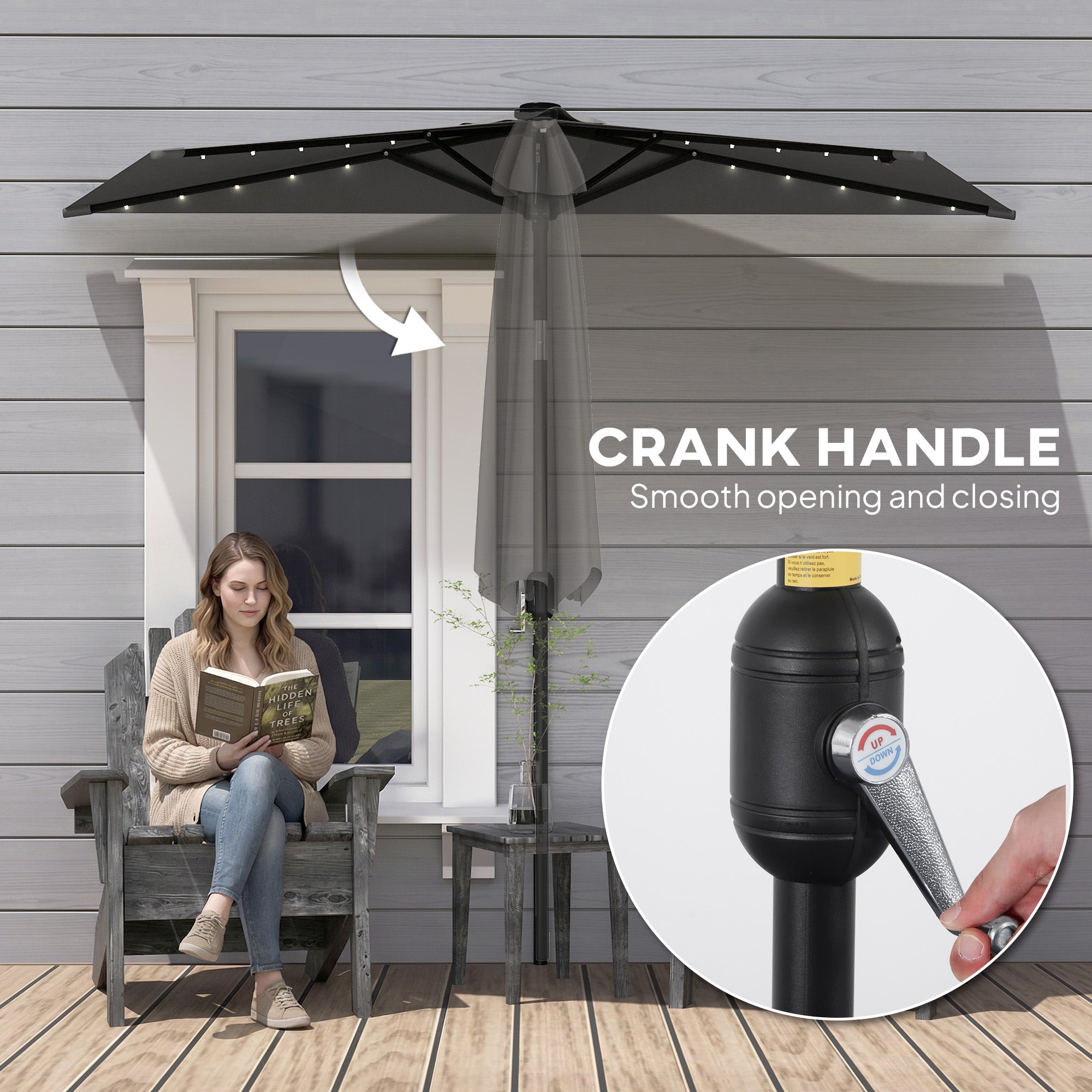 Outsunny 2.6 m Half Garden Parasol with Solar LED Lights, UPF50+ Semi Round Umbrella with 30° Tilt, Crank Handle, Dark Grey 