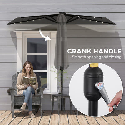 Outsunny 2.6 m Half Garden Parasol with Solar LED Lights, UPF50+ Semi Round Umbrella with 30° Tilt, Crank Handle, Dark Grey 