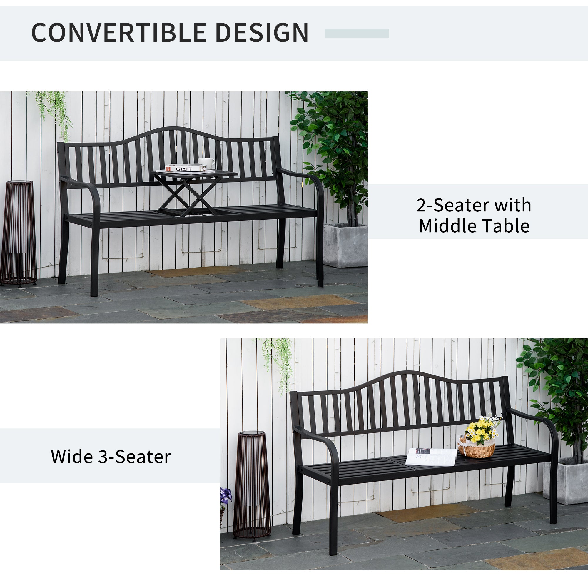 Outsunny Metal Outdoor Bench with Liftable Middle Table, Patio Loveseat, Garden Bench for Garden, Porch, Seats 2–3 People, Black 
