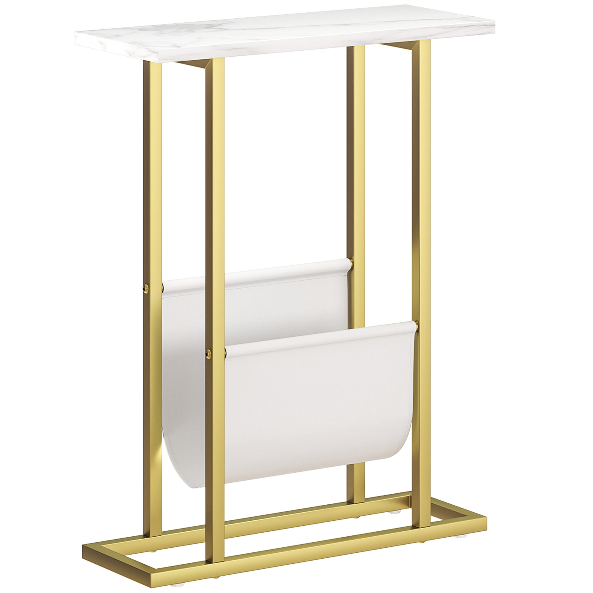 HOMCOM Narrow Side Table, End Table with Magazine Holder, Nightstand for Small Spaces, Living Room, Bedroom, White Marble Grain 