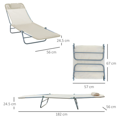 Outsunny Outdoor Foldable Sun Lounger, Adjustable Backrest Garden Recliner Sun Lounger Chair with Headrest Pillow, Beige 