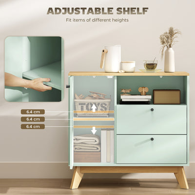 HOMCOM Sideboard Storage Cabinet, 80 cm Buffet Cabinet with 2 Drawers, Open Compartment, Adjustable Shelf, Light Green and Oak 
