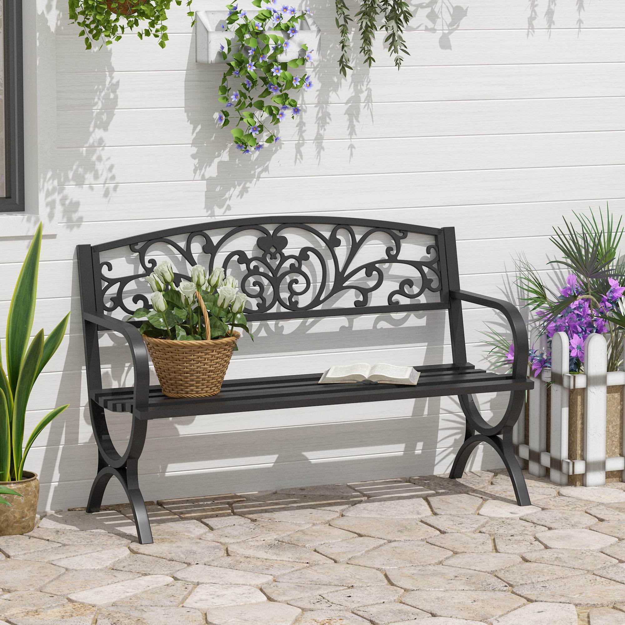 Outsunny 127L x 60W x 85H cm Powder Coated Garden Bench for Patio Backyard, Steel-Black 