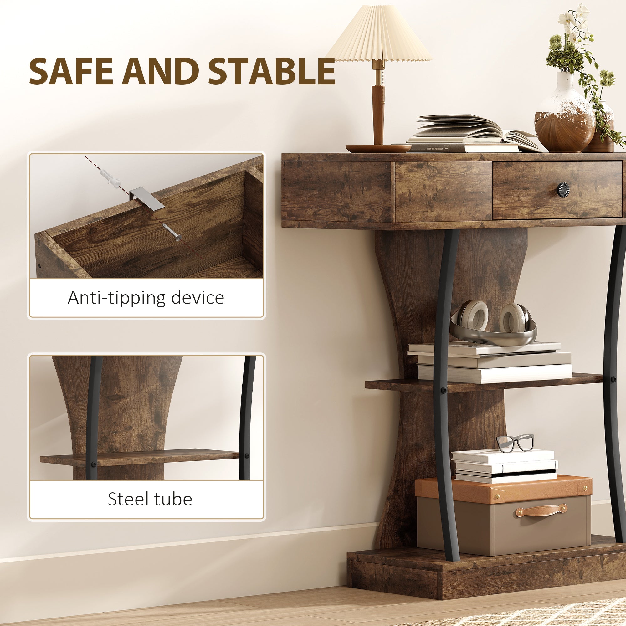 HOMCOM Console Table, 3-Tier Industrial Hallway Table with Drawer, Storage Shelves, 91 x 32 x 87 cm, Rustic Brown 