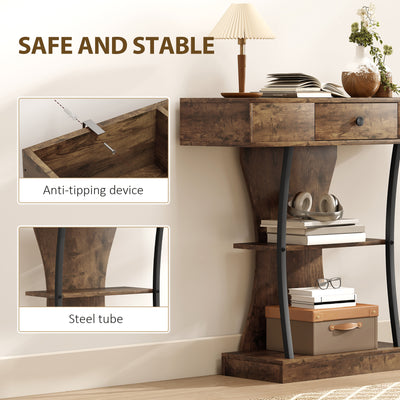 HOMCOM Console Table, 3-Tier Industrial Hallway Table with Drawer, Storage Shelves, 91 x 32 x 87 cm, Rustic Brown 