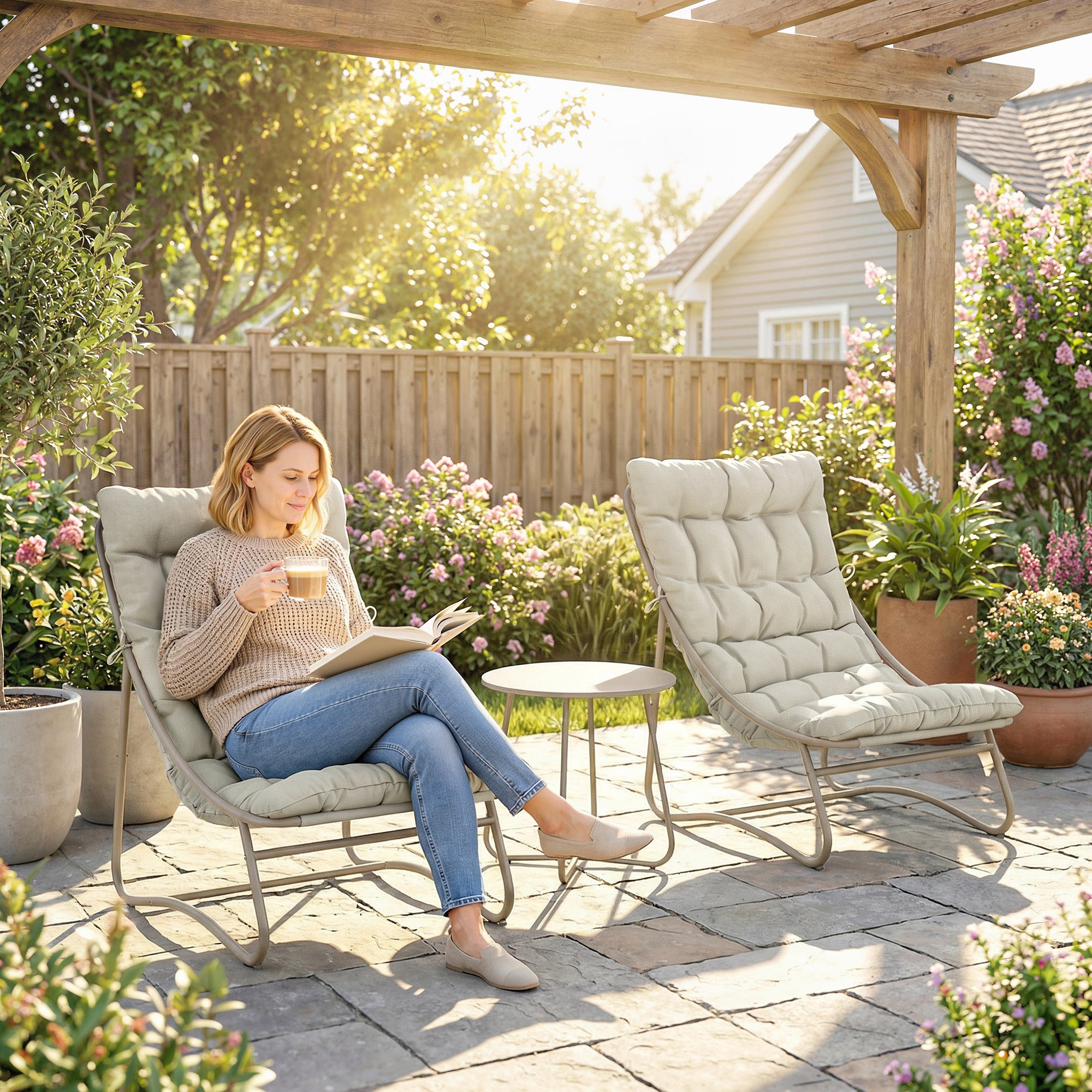 Outsunny 3 Piece Garden Bistro Set, Round Outdoor Bistro Table and Chairs Set for 2 with Texteline Seat and Cushions, Light Grey 