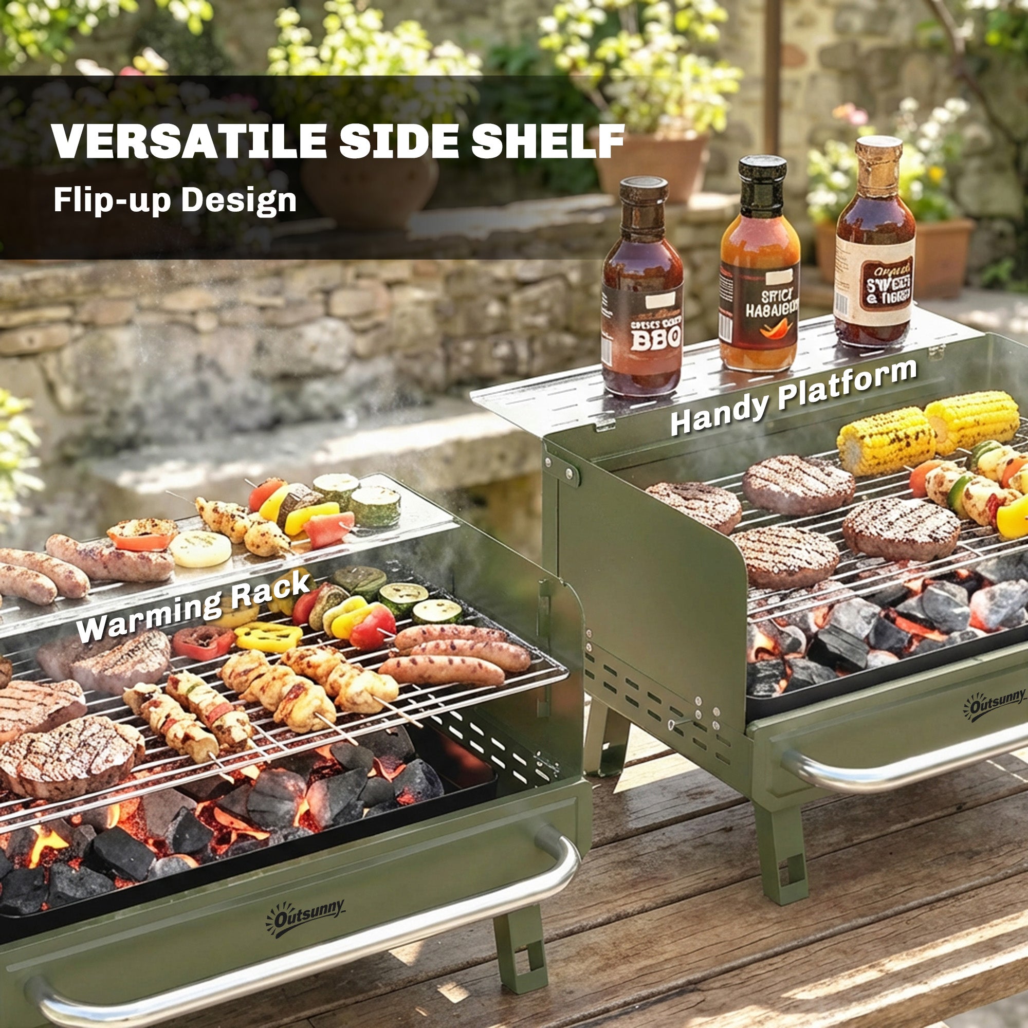 Outsunny Portable BBQ Grill, Charcoal Barbecue Grill with Adjustable Grates, Foldable Legs, Side Shelf for Camping Travel, Green 