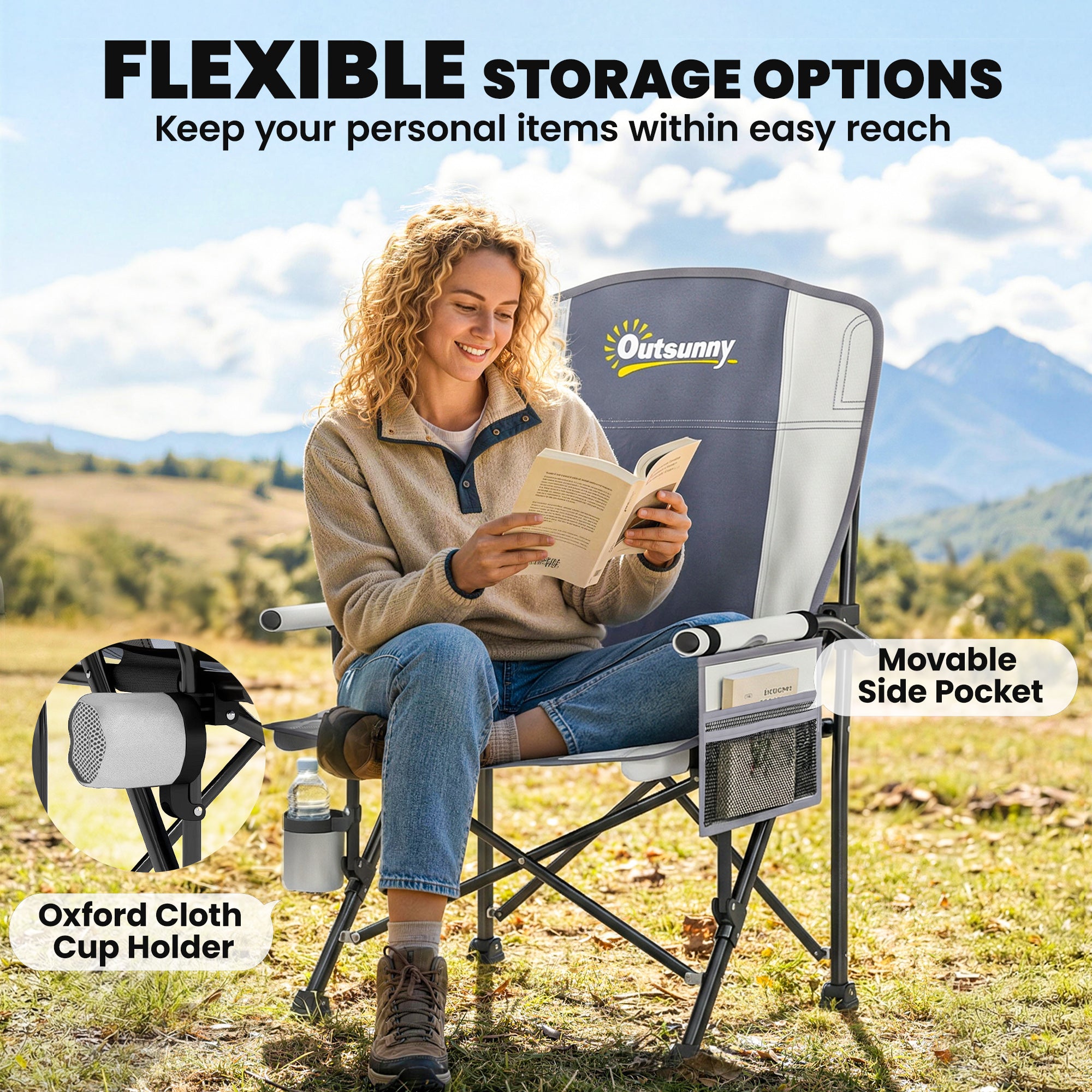 Outsunny Padded Camping Chair Adults Heavy Duty Folding Chair Side Pocket Cup Holder Carry Bag Outdoor Light Grey 
