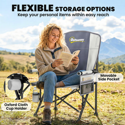 Outsunny Padded Camping Chair Adults Heavy Duty Folding Chair Side Pocket Cup Holder Carry Bag Outdoor Light Grey 