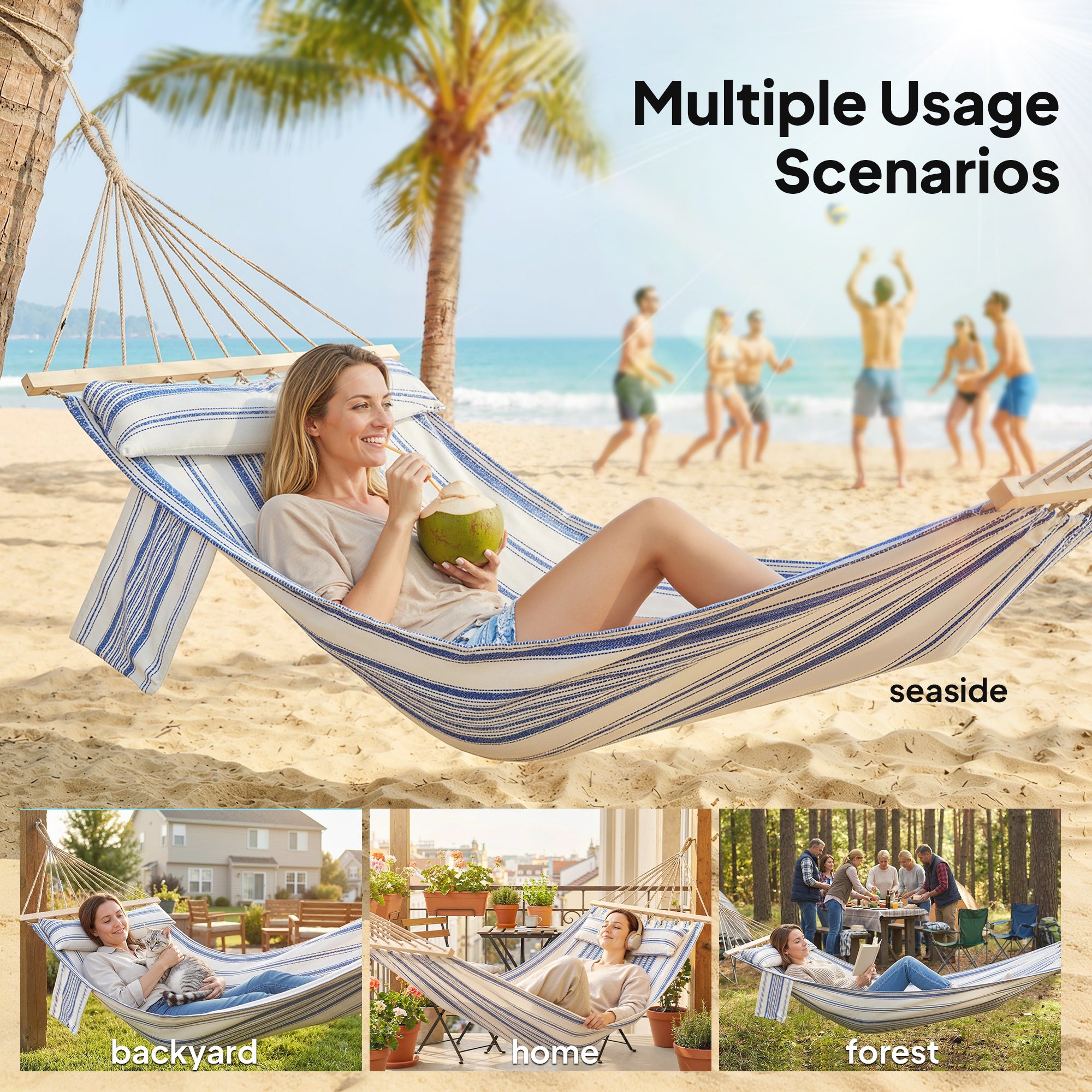 Outsunny Cotton Hammock, Soft Portable Swing Sleeping w/ Headrest & Side Pocket, Blue and White 