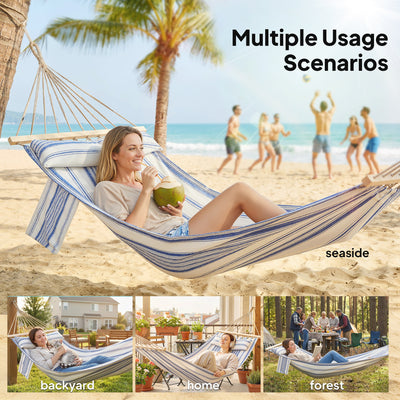 Outsunny Cotton Hammock, Soft Portable Swing Sleeping w/ Headrest & Side Pocket, Blue and White 