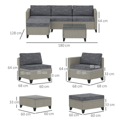 Outsunny 5-Piece Rattan Patio Furniture Set with Corner Sofa, Footstools, Coffee Table, for Poolside, Dark Grey 
