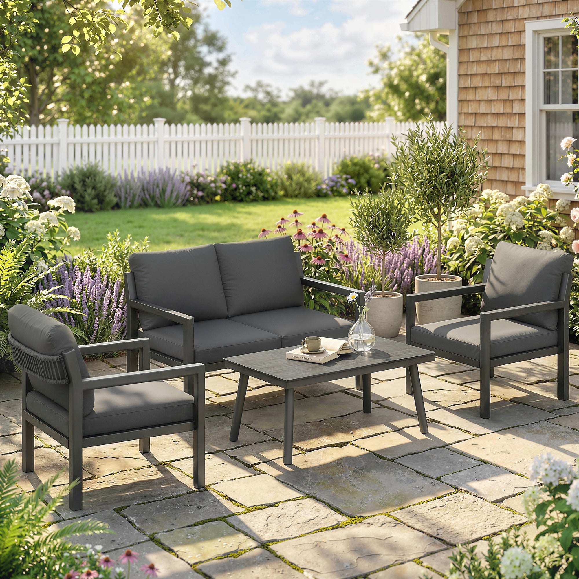 Outsunny 4 Seater Rattan Garden Furniture Set with 2 Armchairs, Loveseat, Coffee Table, Garden Sofa Set with Cushions, Dark Grey 