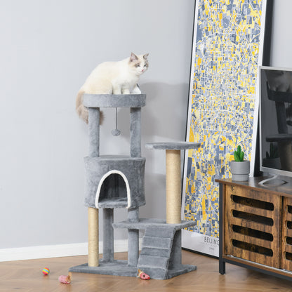 PawHut 100 cm Cat Tree, Cat Condo Tree Tower for Indoor Cats, Cat Activity Centre with Scratching Posts, Plush Perch, Ladder, Hanging Ball - Light Grey 